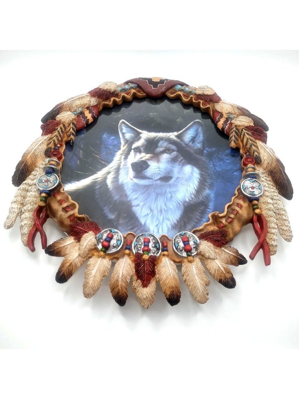 Wolf Dreamcatcher Art Feather Medallion Bead Detail Native American Resin Glass